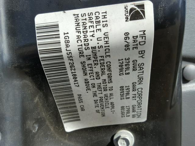 1G8AJ55F26Z100417 - 2006 SATURN ION LEVEL ლურჯი ფოტო 10