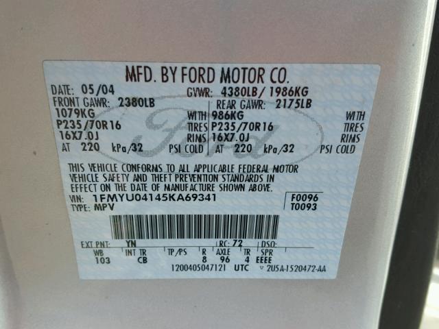 1FMYU04145KA69341 - 2005 FORD ESCAPE LIM SILVER photo 10