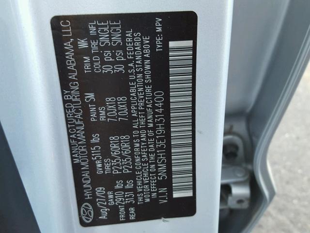 5NMSH13E19H314400 - 2009 HYUNDAI SANTA FE S SILVER photo 10