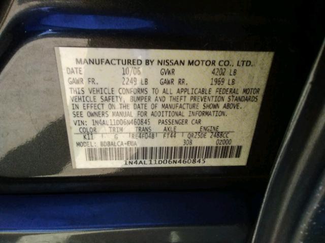 1N4AL11D06N460845 - 2006 NISSAN ALTIMA S GRAY photo 10