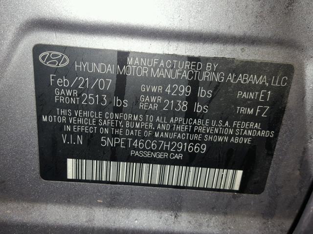 5NPET46C67H291669 - 2007 HYUNDAI SONATA GLS SILVER photo 10