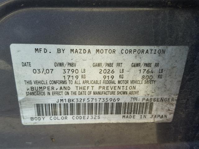 JM1BK32F571735969 - 2007 MAZDA 3 I GRAY photo 10