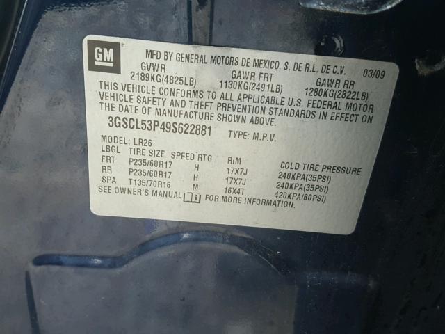 3GSCL53P49S622881 - 2009 SATURN VUE XR BLUE photo 10