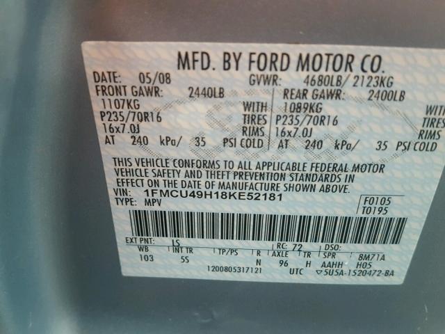 1FMCU49H18KE52181 - 2008 FORD ESCAPE HEV BLUE photo 10