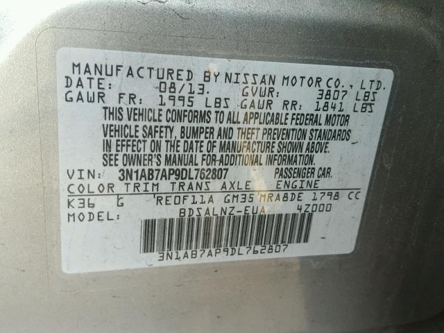 3N1AB7AP9DL762807 - 2013 NISSAN SENTRA S SILVER photo 10