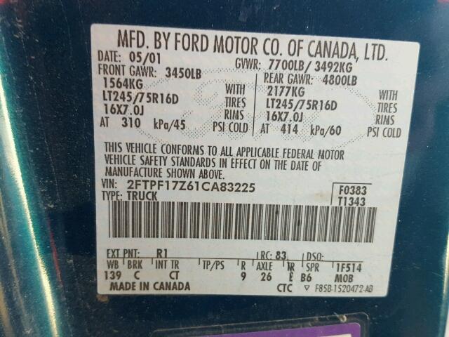 2FTPF17Z61CA83225 - 2001 FORD F150 WHITE photo 10