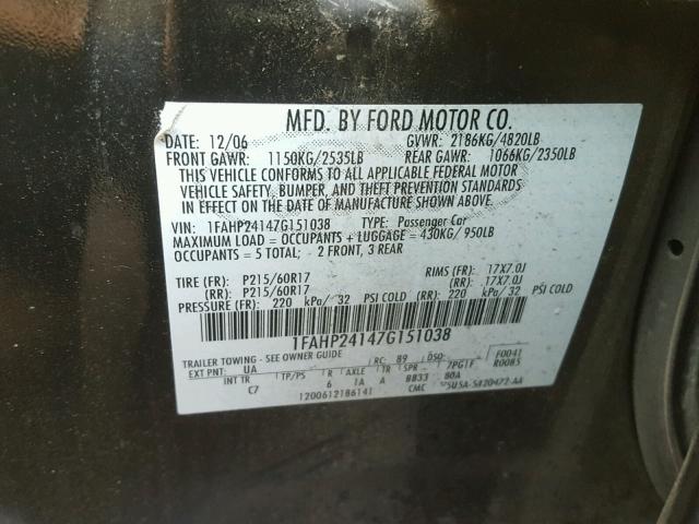 1FAHP24147G151038 - 2007 FORD FIVE HUNDR BLACK photo 10