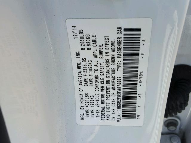 1HGCR2F85FA078662 - 2015 HONDA ACCORD EXL WHITE photo 10