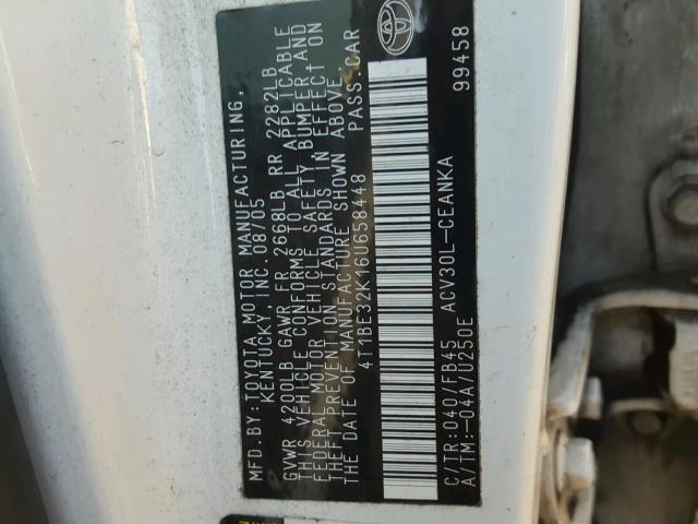 4T1BE32K16U658448 - 2006 TOYOTA CAMRY LE WHITE photo 10