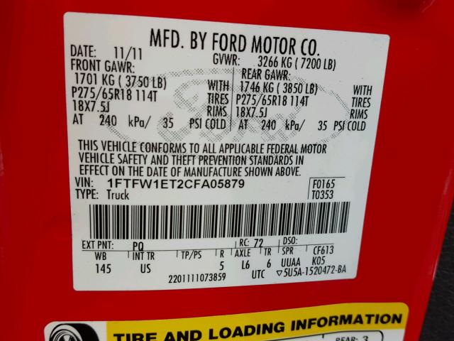 1FTFW1ET2CFA05879 - 2012 FORD F150 SUPER RED photo 10