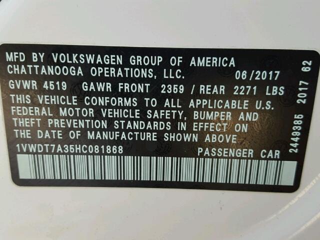 1VWDT7A35HC081868 - 2017 VOLKSWAGEN PASSAT R-L WHITE photo 10