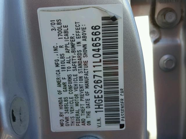 1HGES26711L046566 - 2001 HONDA CIVIC EX ვერცხლისფერი ფოტო 10