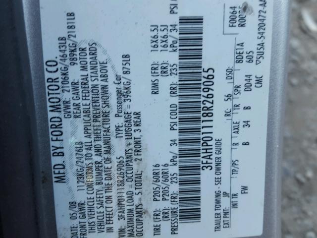 3FAHP01118R269065 - 2008 FORD FUSION SE SILVER photo 10