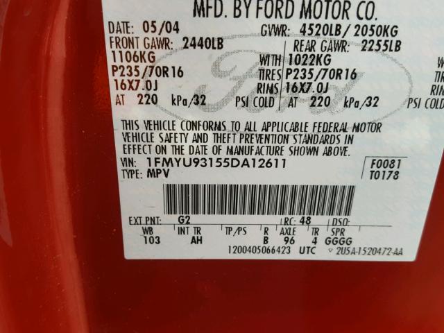 1FMYU93155DA12611 - 2005 FORD ESCAPE XLT RED photo 10