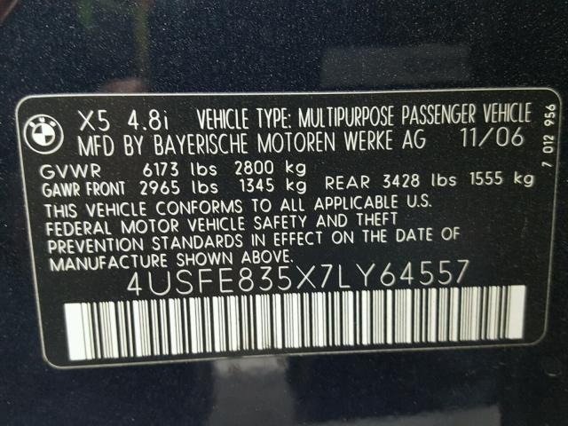 4USFE835X7LY64557 - 2007 BMW X5 4.8I BLUE photo 10