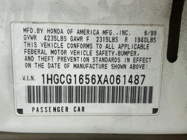 1HGCG1656XA061487 - 1999 HONDA ACCORD EX WHITE photo 10