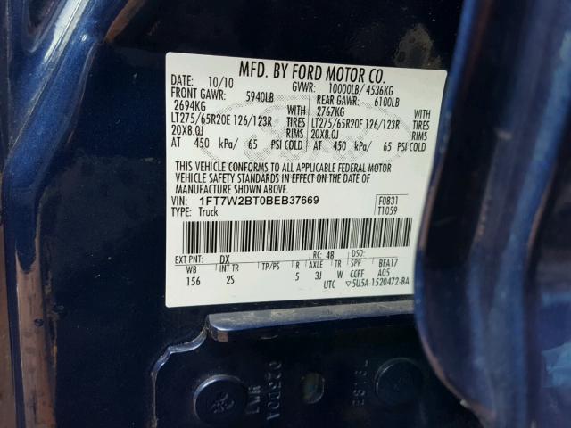 1FT7W2BT0BEB37669 - 2011 FORD F250 SUPER BLUE photo 10