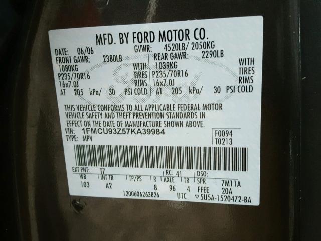 1FMCU93Z57KA39984 - 2007 FORD ESCAPE XLT GRAY photo 10