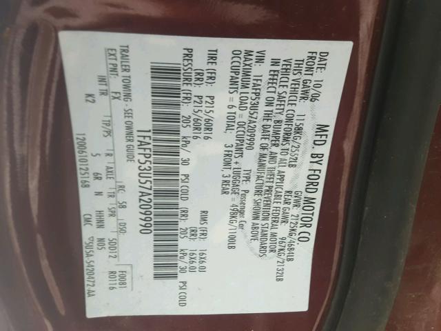 1FAFP53U57A209990 - 2007 FORD TAURUS SE MAROON photo 10