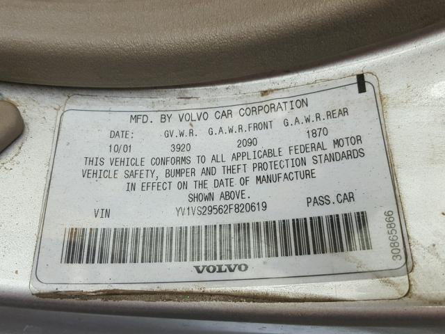 YV1VS29562F820619 - 2002 VOLVO S40 1.9T SILVER photo 10