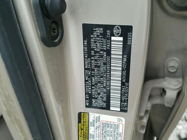 4T1BE32K64U893392 - 2004 TOYOTA CAMRY LE GOLD photo 10