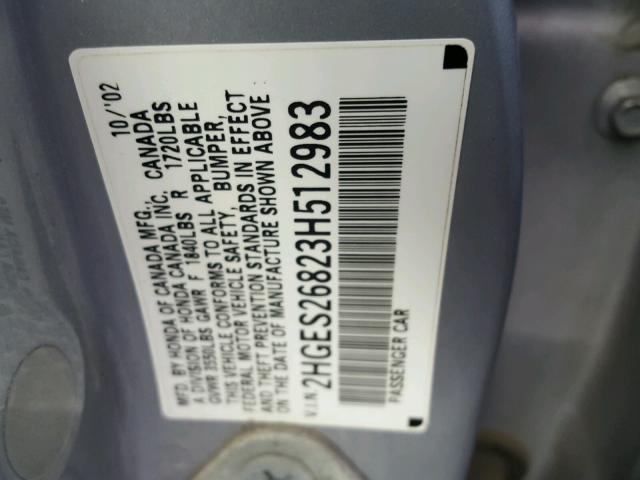 2HGES26823H512983 - 2003 HONDA CIVIC EX 银色 照片 10