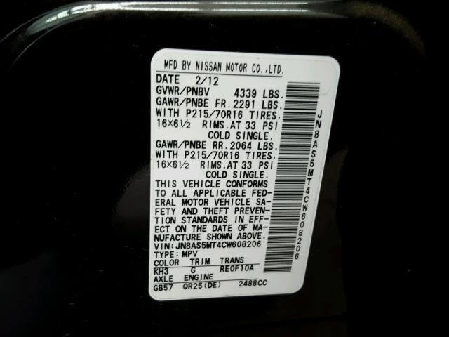 JN8AS5MT4CW608206 - 2012 NISSAN ROGUE S BLACK photo 10