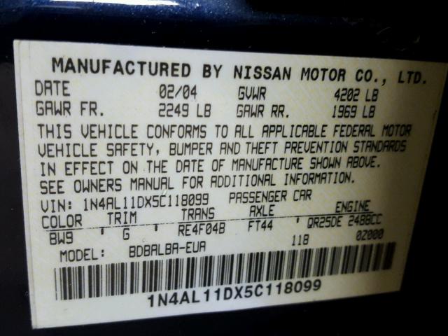 1N4AL11DX5C118099 - 2005 NISSAN ALTIMA S BLUE photo 10