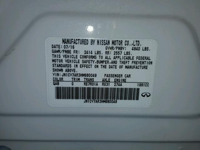 JN1CV7AR3HM680049 - 2017 INFINITI Q50 BASE Білий фото 10