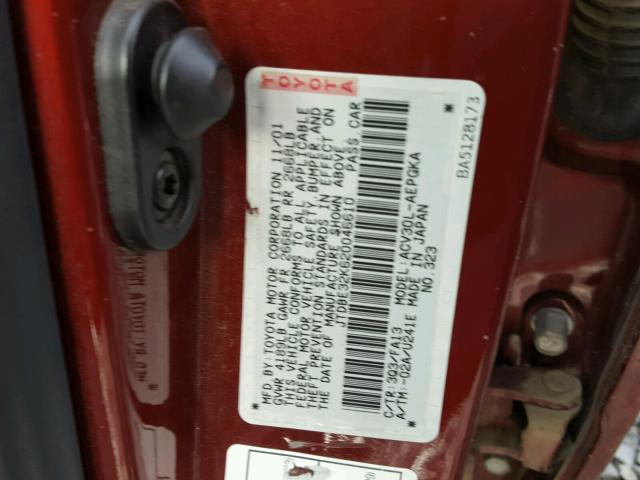 JTDBE32K620046610 - 2002 TOYOTA CAMRY LE RED photo 10