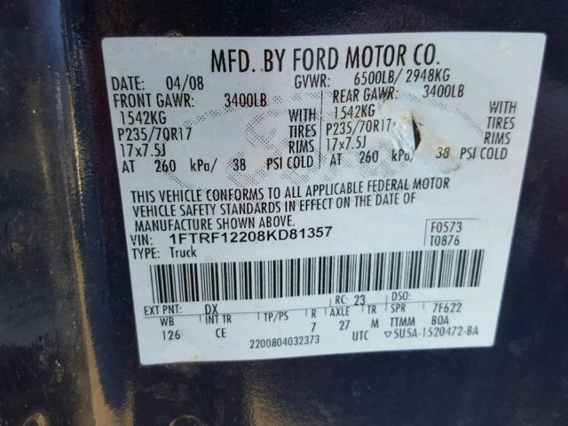 1FTRF12208KD81357 - 2008 FORD F150 BLUE photo 9