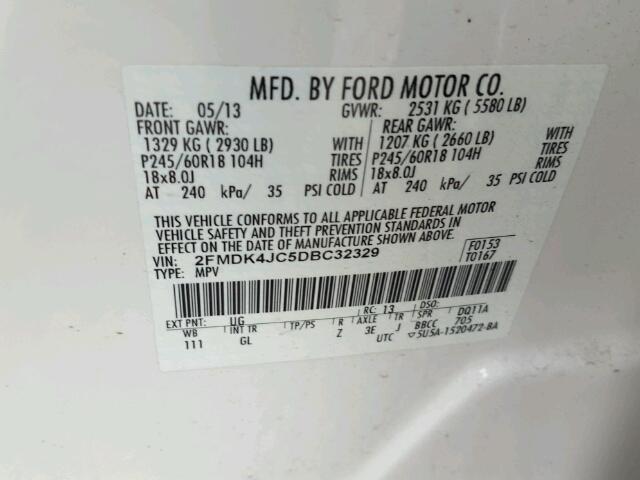 2FMDK4JC5DBC32329 - 2013 FORD EDGE SEL WHITE photo 10