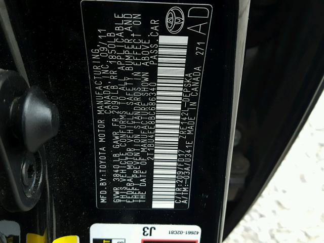 2T1BU4EE8BC686340 - 2011 TOYOTA COROLLA BA BLACK photo 10