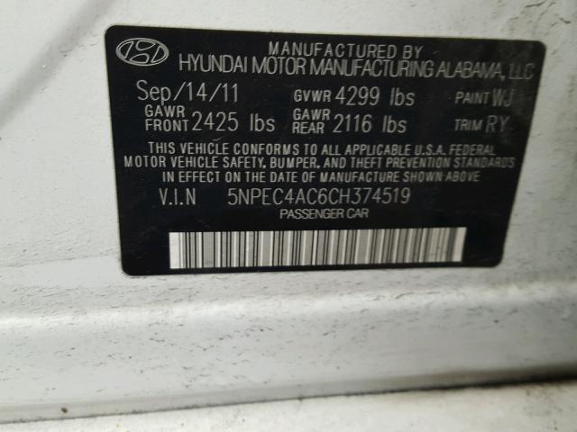 5NPEC4AC6CH374519 - 2012 HYUNDAI SONATA SE WHITE photo 10