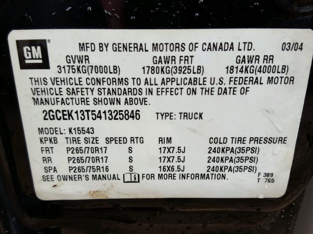 2GCEK13T541325846 - 2004 CHEVROLET SILVERADO BLACK photo 10