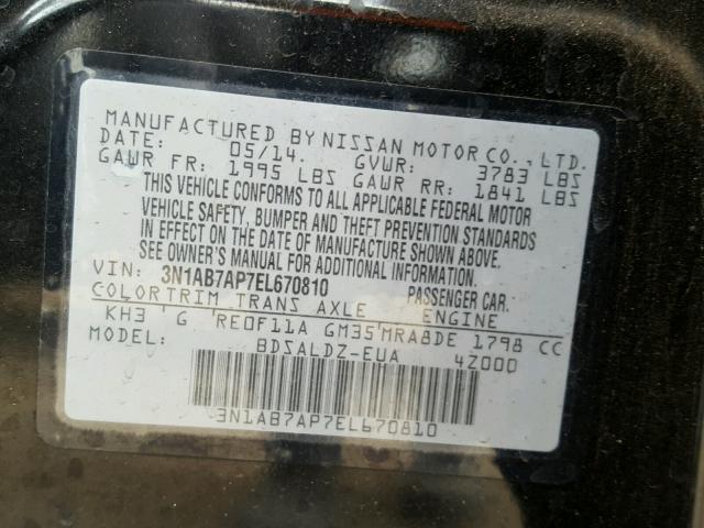 3N1AB7AP7EL670810 - 2014 NISSAN SENTRA S BLACK photo 10