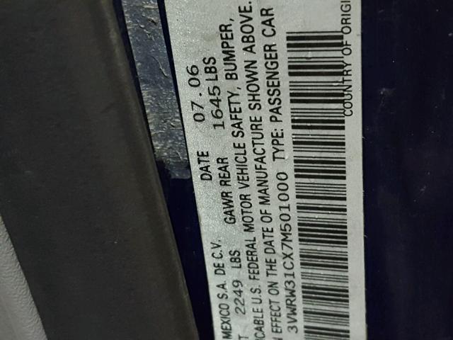 3VWRW31CX7M501000 - 2007 VOLKSWAGEN NEW BEETLE 蓝色 照片 10