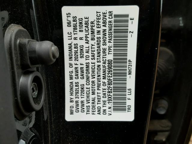 19XFB2F80FE269080 - 2015 HONDA CIVIC EX შავი ფოტო 10