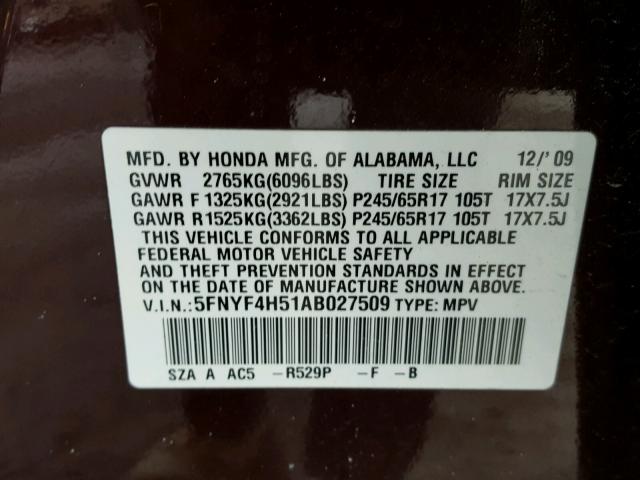 5FNYF4H51AB027509 - 2010 HONDA PILOT EXL BURGUNDY photo 10