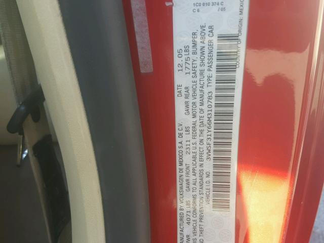 3VWSF31Y66M310783 - 2006 VOLKSWAGEN NEW BEETLE 红色 照片 10