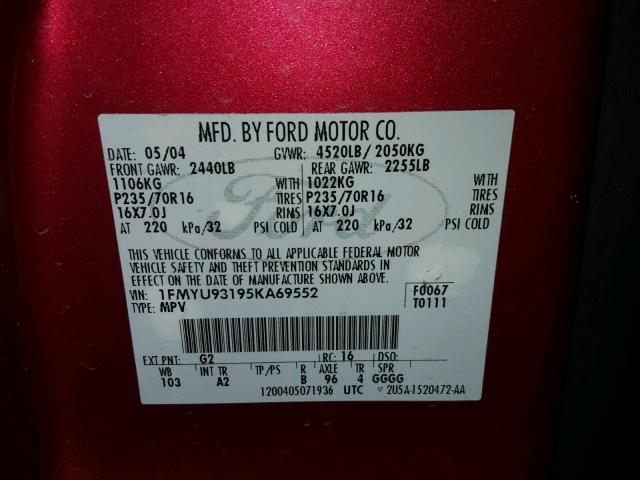 1FMYU93195KA69552 - 2005 FORD ESCAPE XLT BURGUNDY photo 10