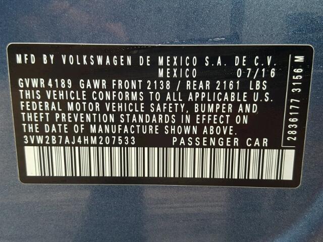 3VW2B7AJ4HM207533 - 2017 VOLKSWAGEN JETTA S Mavi foto 10