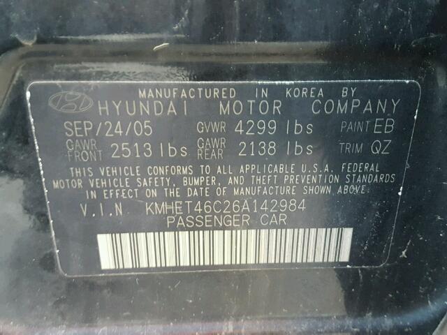 KMHET46C26A142984 - 2006 HYUNDAI SONATA GL BLACK photo 10