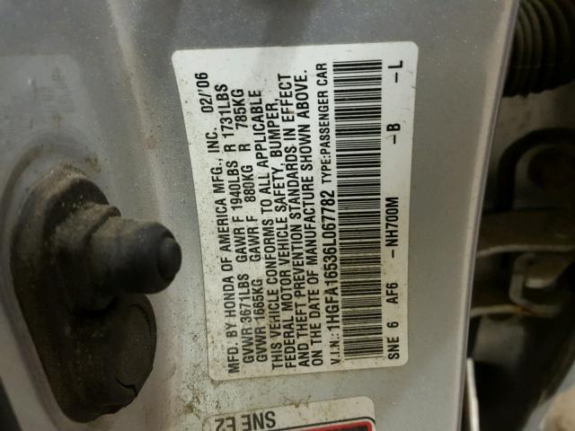 1HGFA16536L067782 - 2006 HONDA CIVIC LX SILVER photo 10