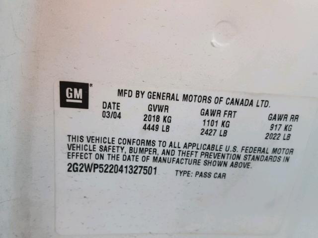 2G2WP522041327501 - 2004 PONTIAC GRAND PRIX WHITE photo 10