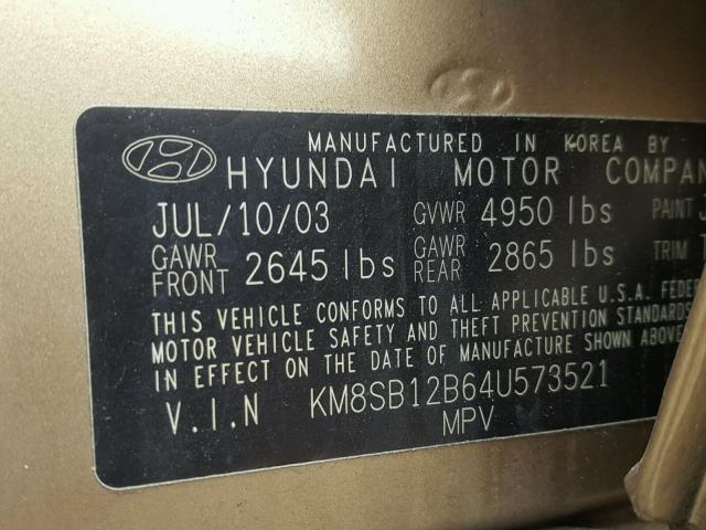 KM8SB12B64U573521 - 2004 HYUNDAI SANTA FE G GOLD photo 10