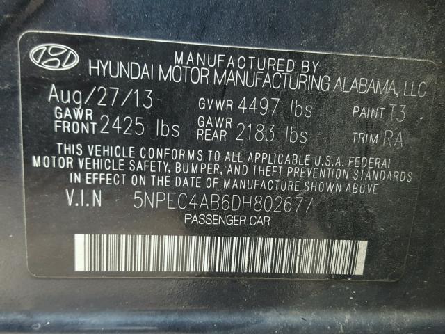 5NPEC4AB6DH802677 - 2013 HYUNDAI SONATA SE BLUE photo 10