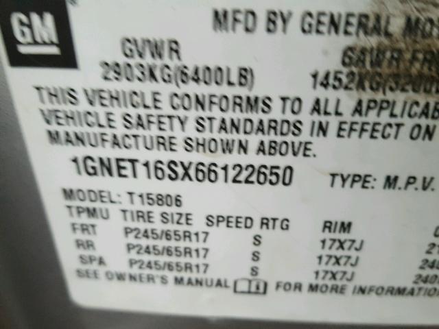 1GNET16SX66122650 - 2006 CHEVROLET TRAILBLAZE SILVER photo 10