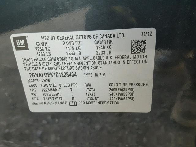 2GNALDEK1C1223404 - 2012 CHEVROLET EQUINOX LT CHARCOAL photo 10