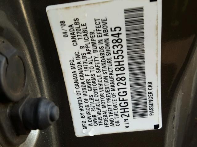 2HGFG12818H553845 - 2008 HONDA CIVIC EX ნაცრისფერი ფოტო 10